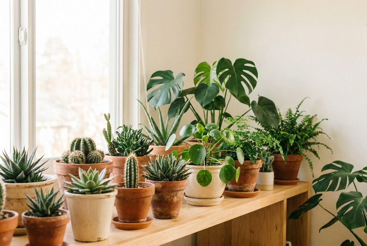Shelf of houseplants by a bright window